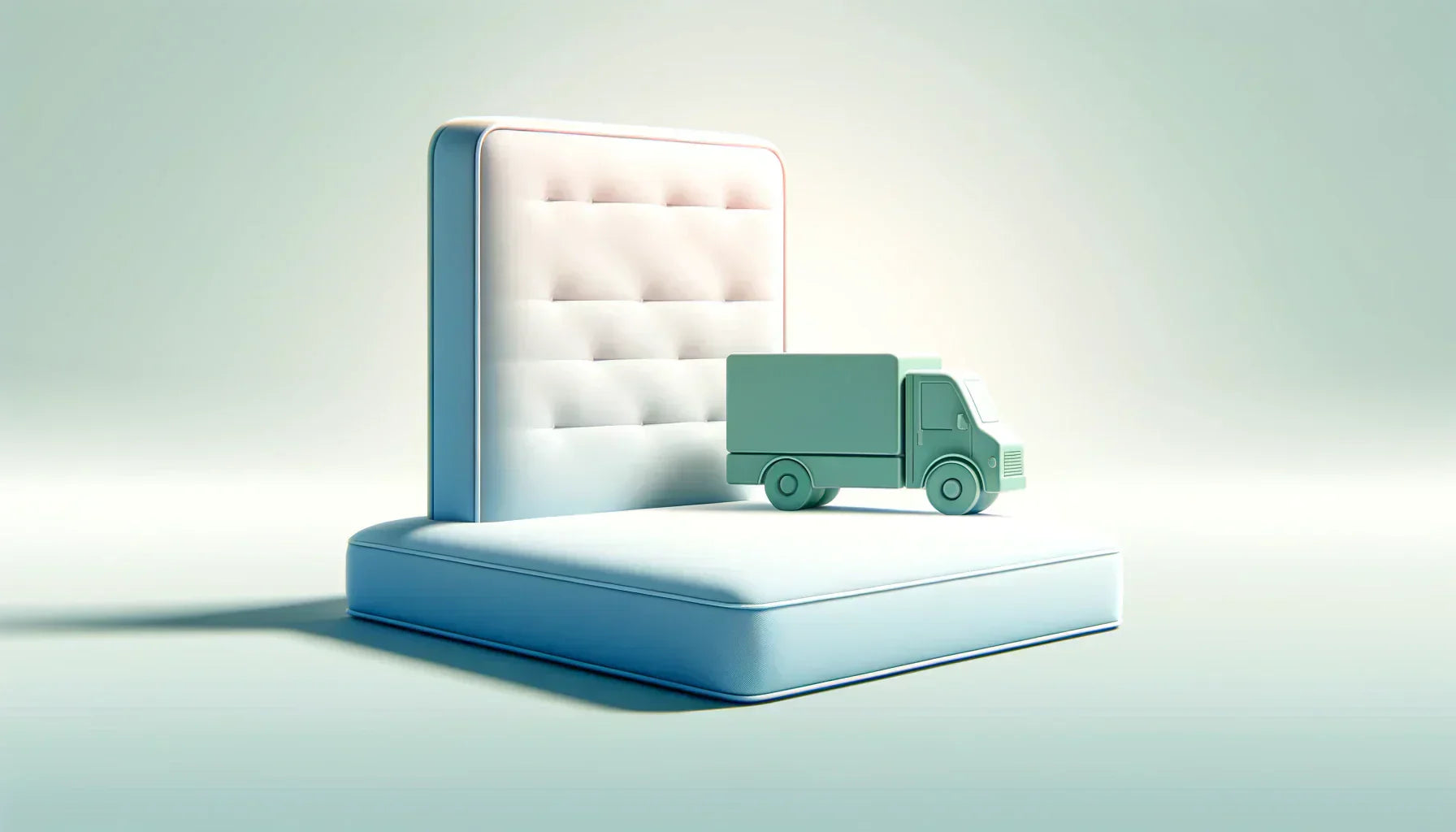 White mattress with tufted headboard and green delivery truck on top for mattress delivery service