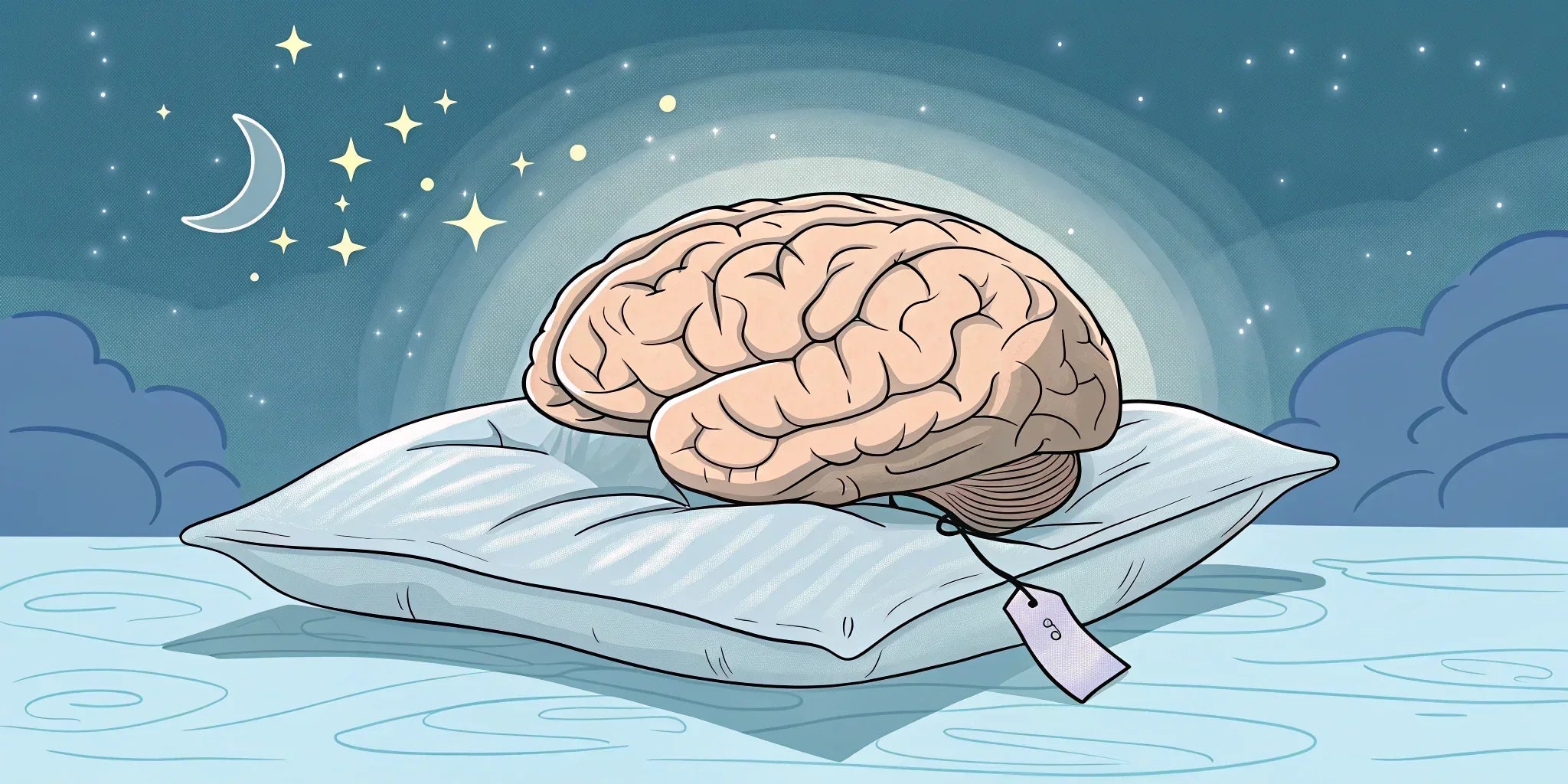 Illustration of a human brain resting on a pillow under night sky with moon and stars, sleep concept