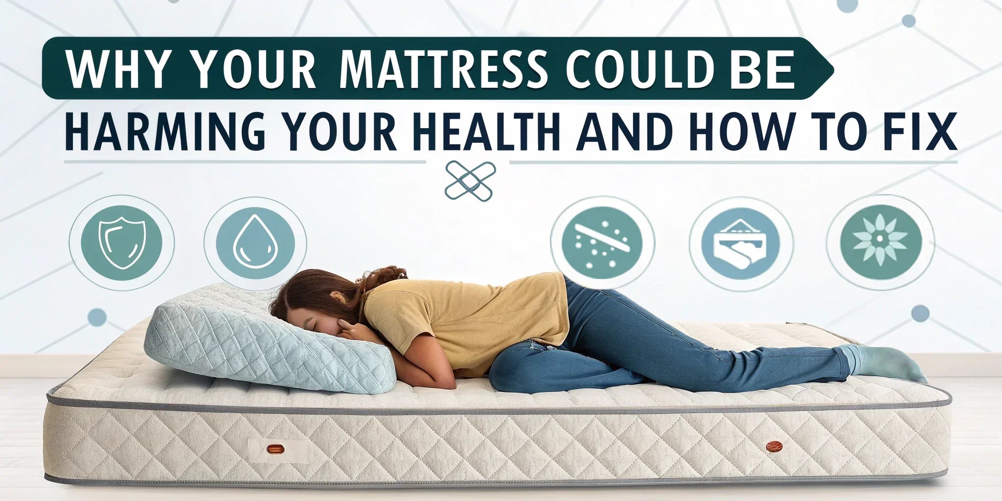Woman lying on a mattress with text about mattress harm to health and icons for protection, moisture, allergens