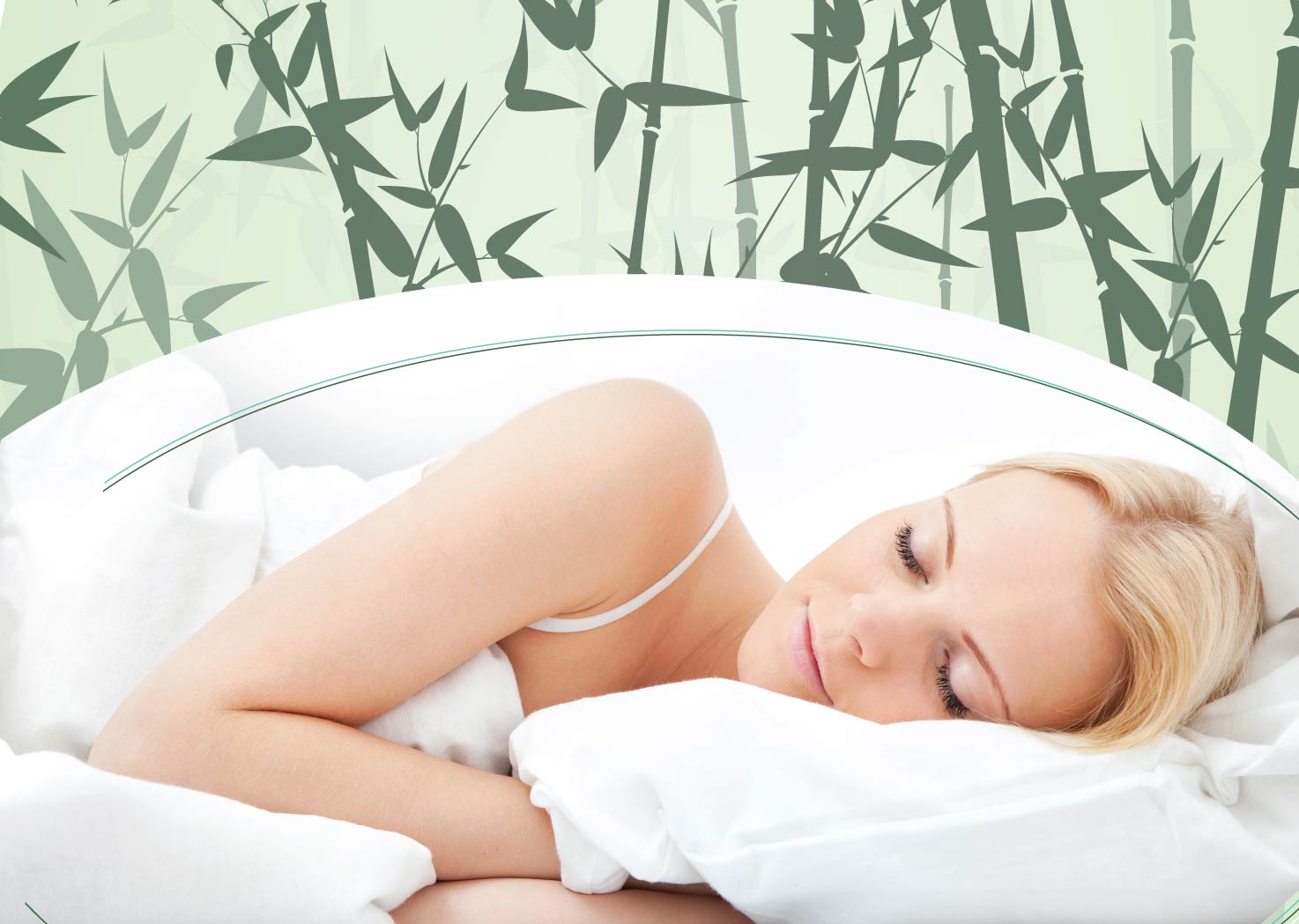 Woman sleeping peacefully on a white bamboo pillow with bamboo stalks background