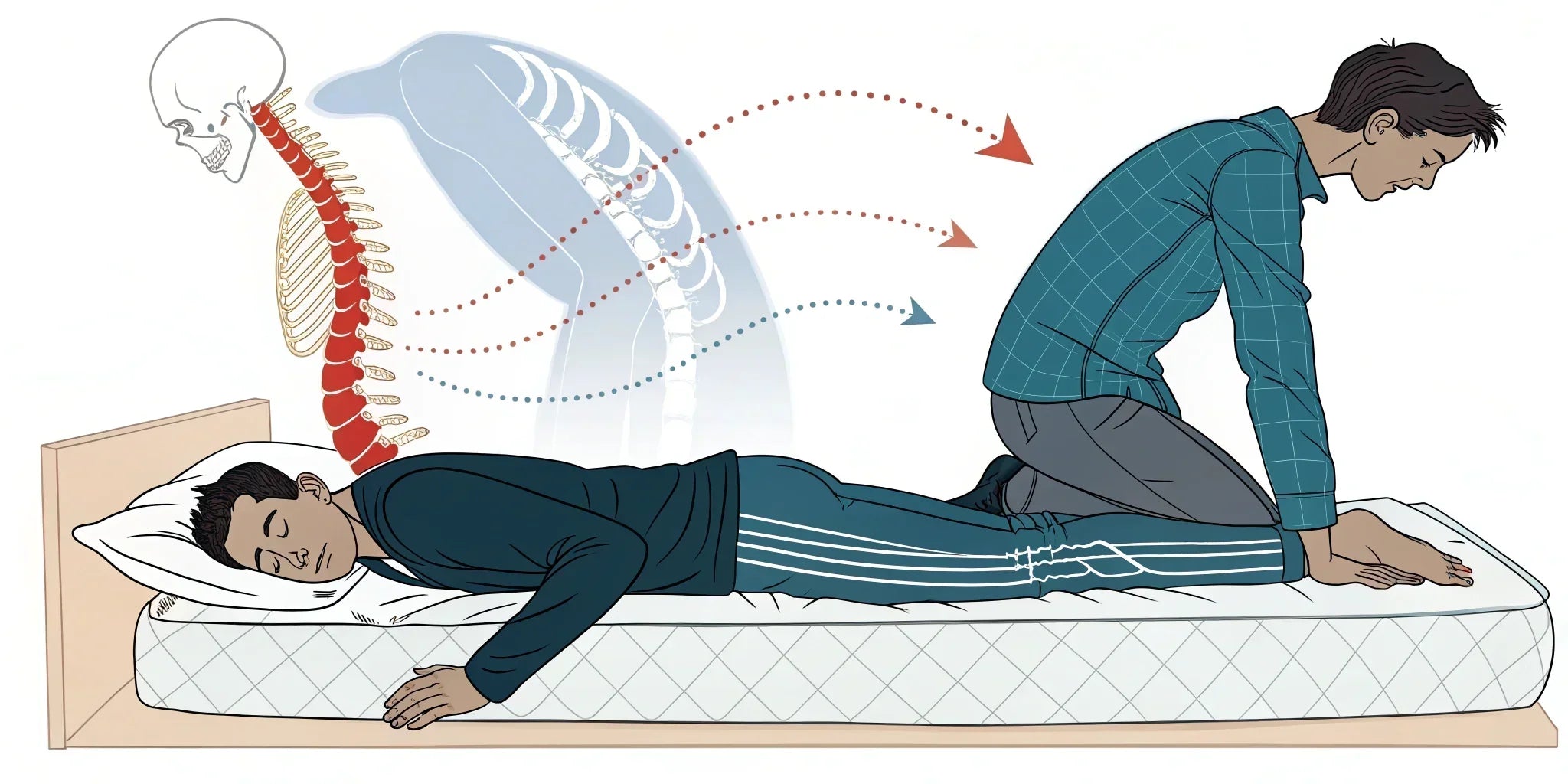 Illustration of a person lying face down on a bed with a spine diagram showing back pain and posture correction by another person kneeling