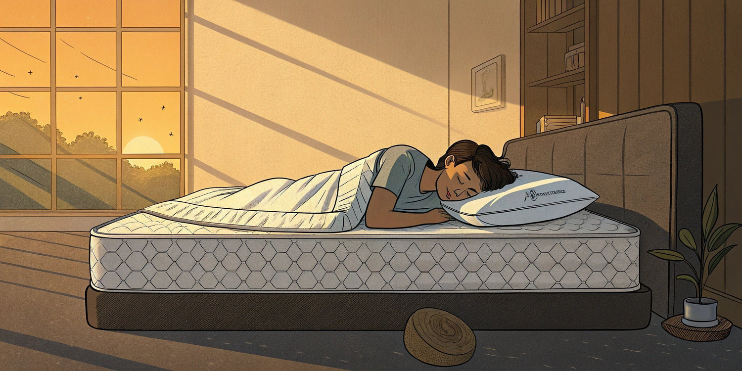 Illustration of a person sleeping on a mattress in a sunlit bedroom with large window and plant