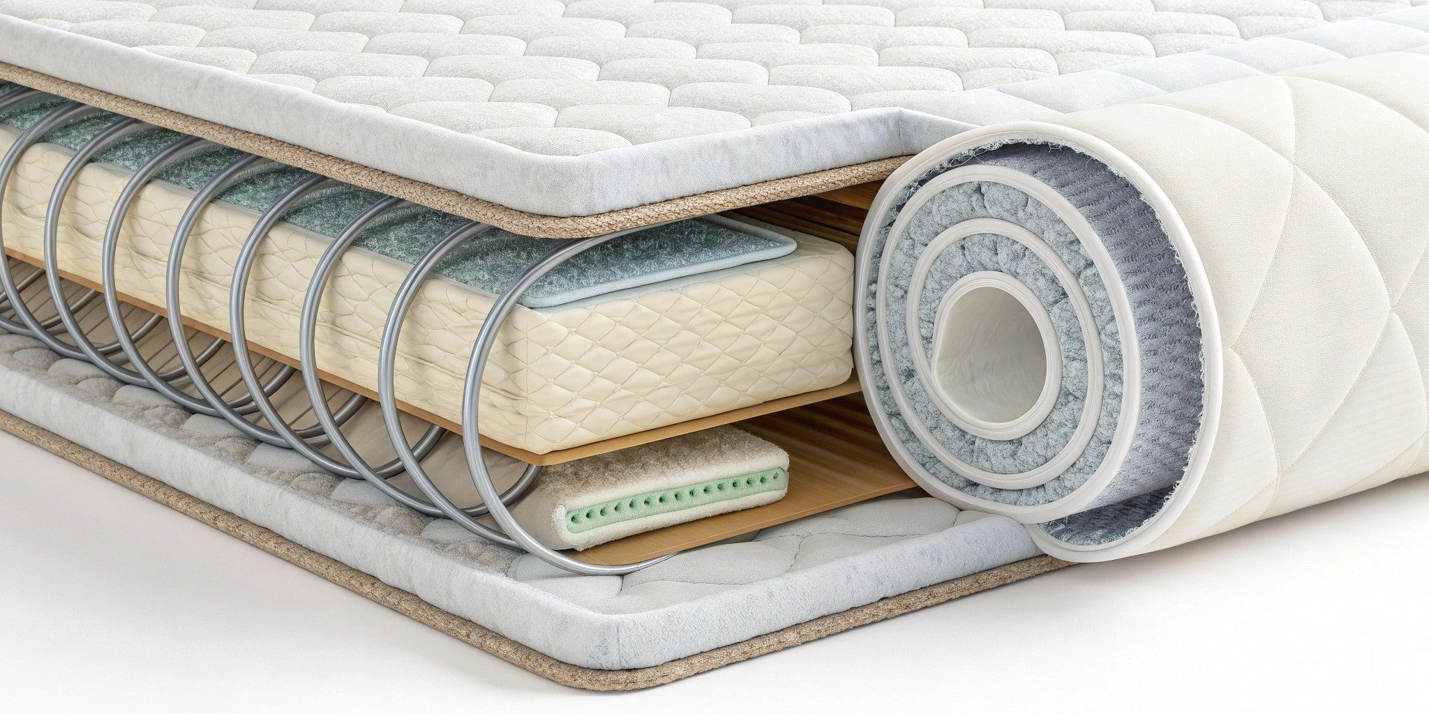 Cross-section of mattress layers showing springs, foam, and quilted top for comfort and support